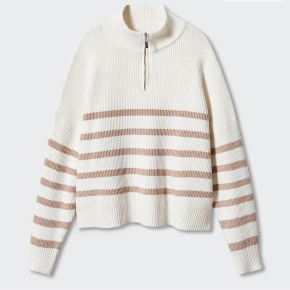 Mango Striped Cropped Chunky Knit Roll Neck 1/4 Zip Cream Camel Plus 2X EUC